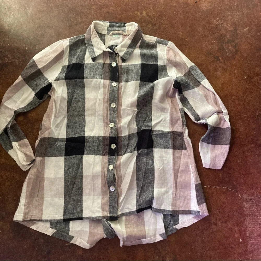 Soft Surroundings carreaux plaid ivory black zipper back shirt linen blend - Picture 2 of 7